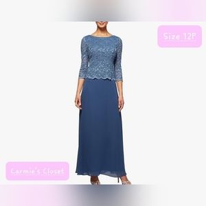 🔥NWT🔥OBO🔥 🔵 Alex Evenings Women's 3/4 Sleeve Stretch Lace Bodice Gown Sz 12P